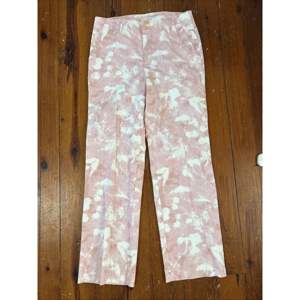 Anthropologie Pink Floral Trousers High Rise Straight Leg Tailored Pants Size 12
